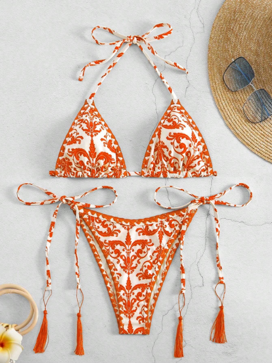 Vintage Printed Two-Piece Swimsuit Set