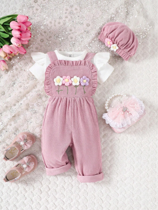 Baby Girl 2pcs/Set Corduroy Embroidered Jumpsuit With 3d Floral Details And Matching Hat