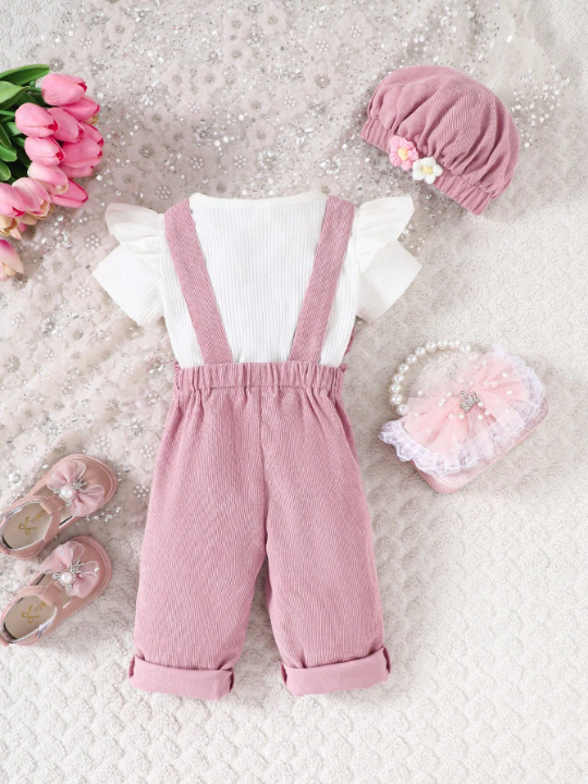 Baby Girl 2pcs/Set Corduroy Embroidered Jumpsuit With 3d Floral Details And Matching Hat