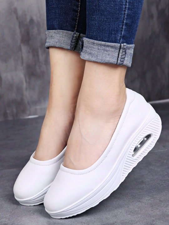 Women's Air Cushion Sole Nurse Shoes, Solid Color Non-Slip Slip On Shoes, Casual Platform Shoes