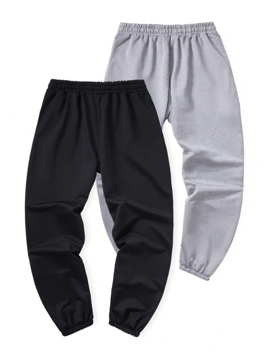 2pcs/Set Men's Fashionable Regular Fit Long Trousers, Spring/Summer Solid Color Basic Casual Sports Jogger Pants With Elastic Waistband And Drawstring