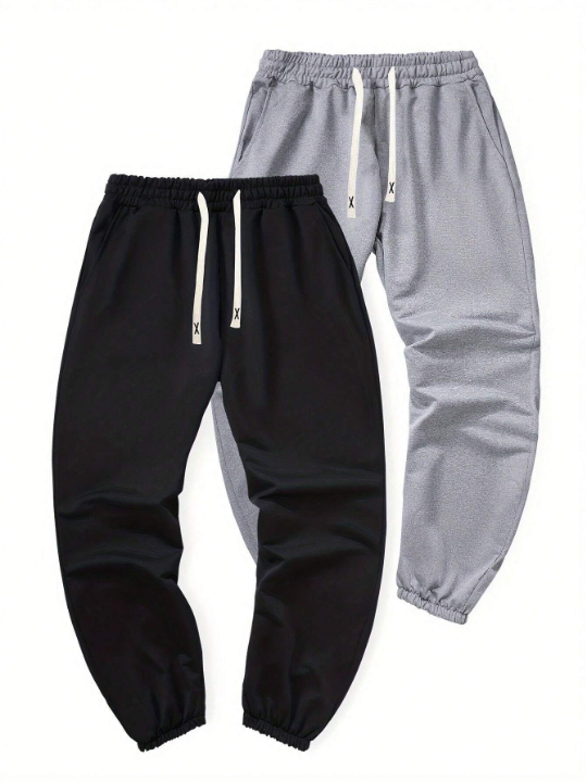 2pcs/Set Men's Fashionable Regular Fit Long Trousers, Spring/Summer Solid Color Basic Casual Sports Jogger Pants With Elastic Waistband And Drawstring