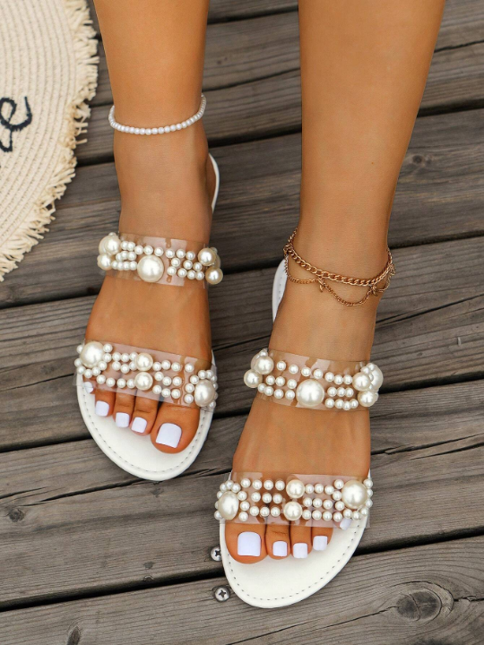 Women's New Arrival Transparent Vacation Style Lovely Faux Pearl Flip Flops - White Flat Sandals - 8802