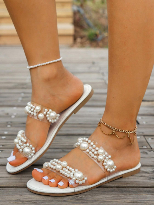 Women's New Arrival Transparent Vacation Style Lovely Faux Pearl Flip Flops - White Flat Sandals - 8802