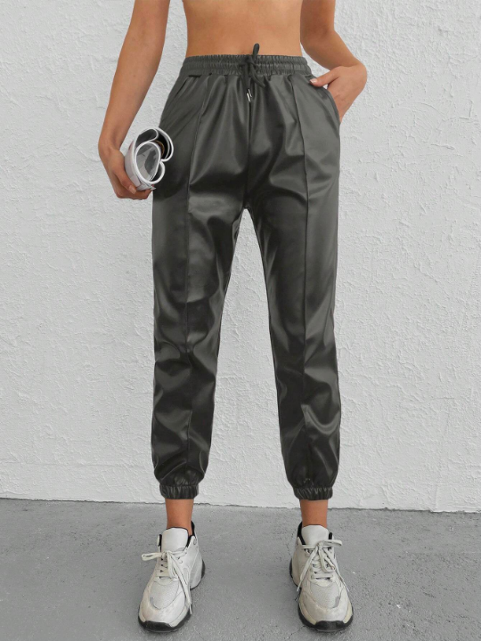 Solid Drawstring Waist Slant Pocket Pants