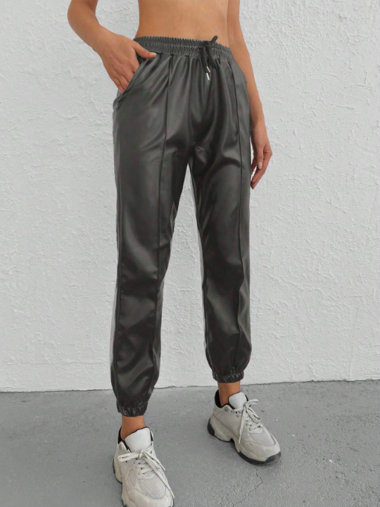 Solid Drawstring Waist Slant Pocket Pants