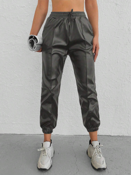 Solid Drawstring Waist Slant Pocket Pants