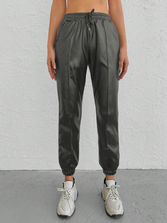 Solid Drawstring Waist Slant Pocket Pants