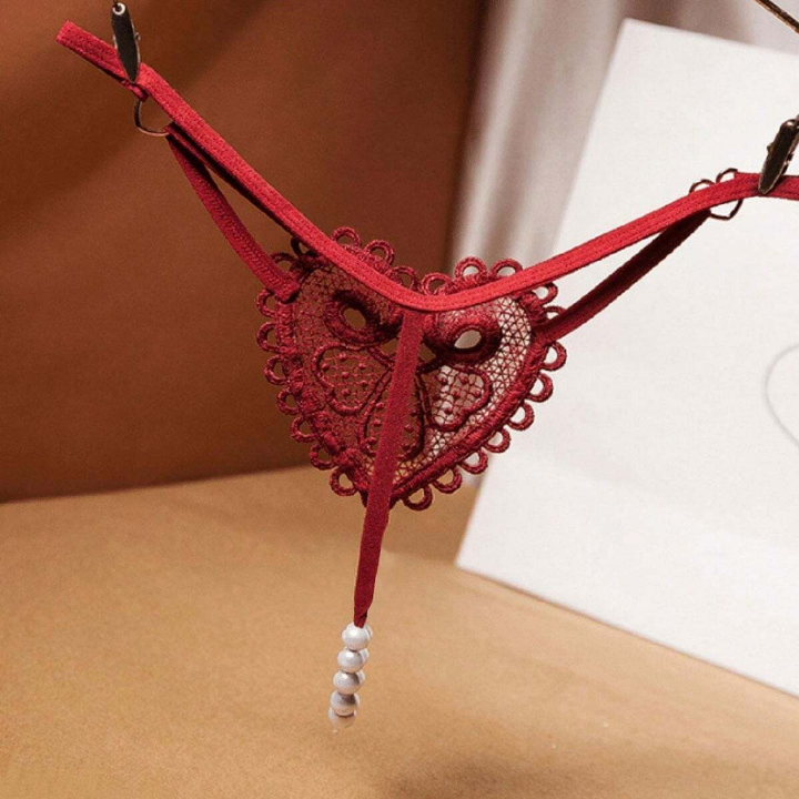 Sexy Women's Thong Panties With Heart Embroidery, Pearls And Massage Function