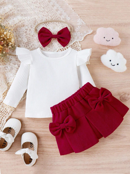 Baby Girl Ruffle Trim Tee & Bow Front Skirt & Headband