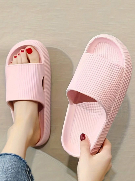 New Arrival Fashionable And Versatile Pink Striped Thick-Soled Soft And Comfortable Slippers With Single Side Hole Suitable For Home, Bathroom, And Outdoor Wear For Men