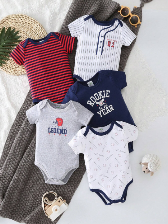 Newborn Baby Boys' 5pcs/Set Stripe And Letter Printed Short Sleeve Bodysuits