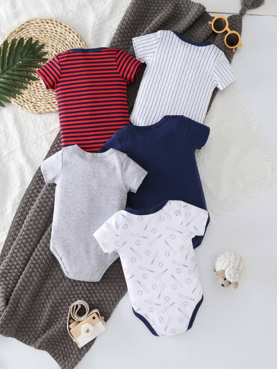 Newborn Baby Boys' 5pcs/Set Stripe And Letter Printed Short Sleeve Bodysuits