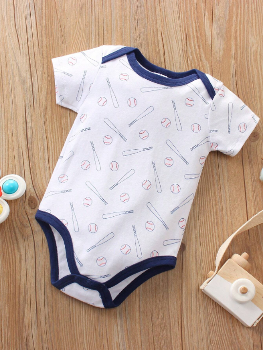 Newborn Baby Boys' 5pcs/Set Stripe And Letter Printed Short Sleeve Bodysuits