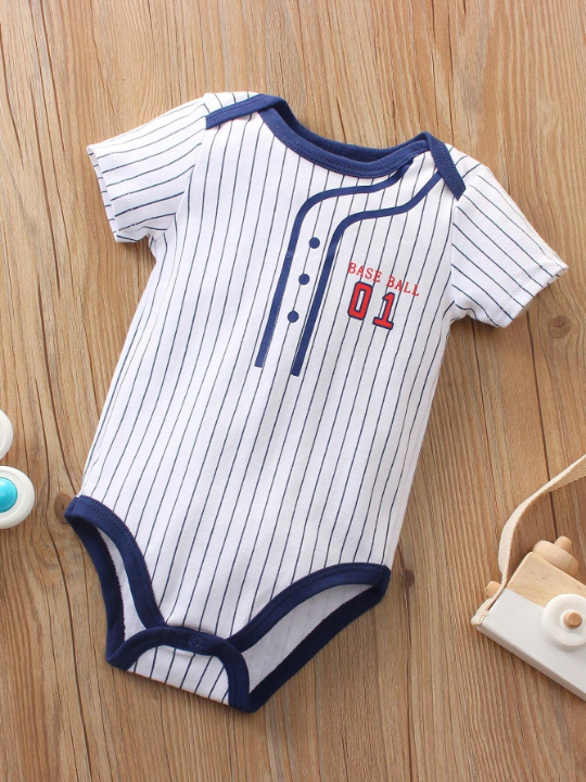 Newborn Baby Boys' 5pcs/Set Stripe And Letter Printed Short Sleeve Bodysuits