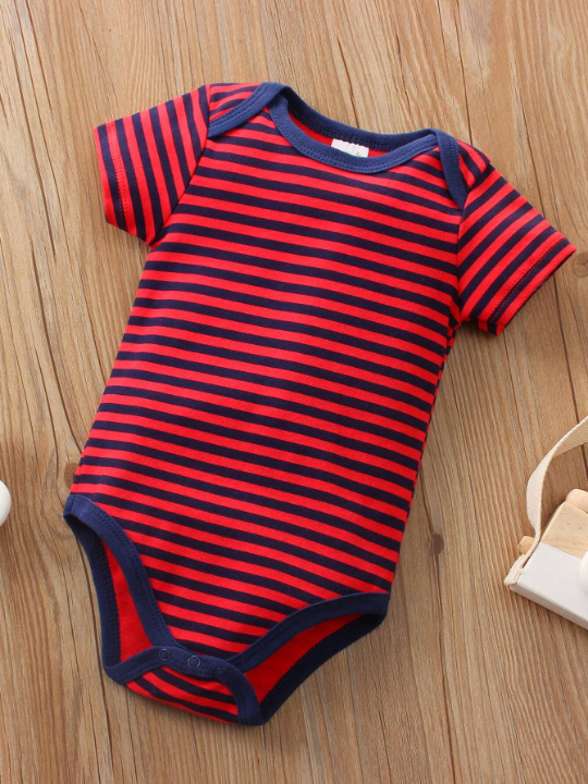 Newborn Baby Boys' 5pcs/Set Stripe And Letter Printed Short Sleeve Bodysuits