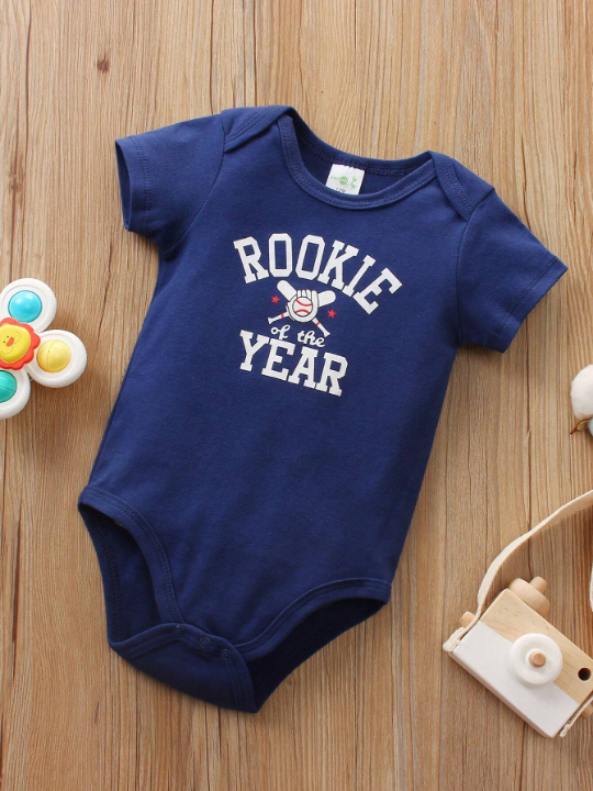 Newborn Baby Boys' 5pcs/Set Stripe And Letter Printed Short Sleeve Bodysuits