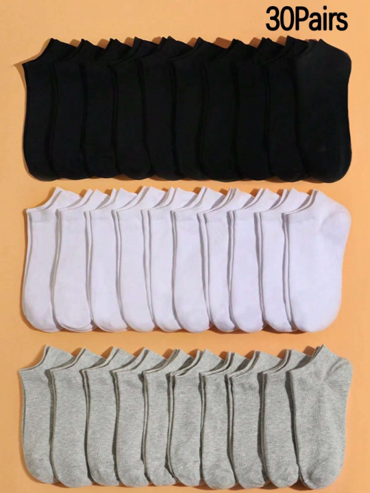 30 Pairs Men's Comfortable Breathable Solid-Colored Business Style Short Socks (Black/White/Grey)