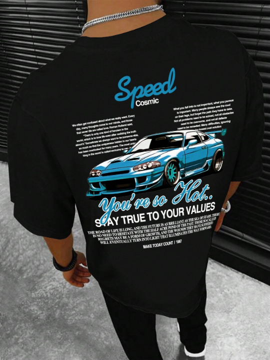 Men's Casual Round Neck Commuting T-Shirt With Car Slogan Print