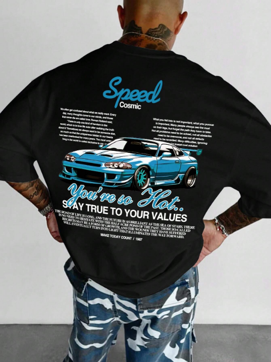 Men's Casual Round Neck Commuting T-Shirt With Car Slogan Print