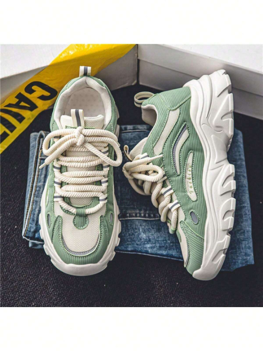 Men's Trendy Casual Sports Chunky Shoes, Fashionable Breathable Lightweight Walking Shoes With Lace, Green Colormatch