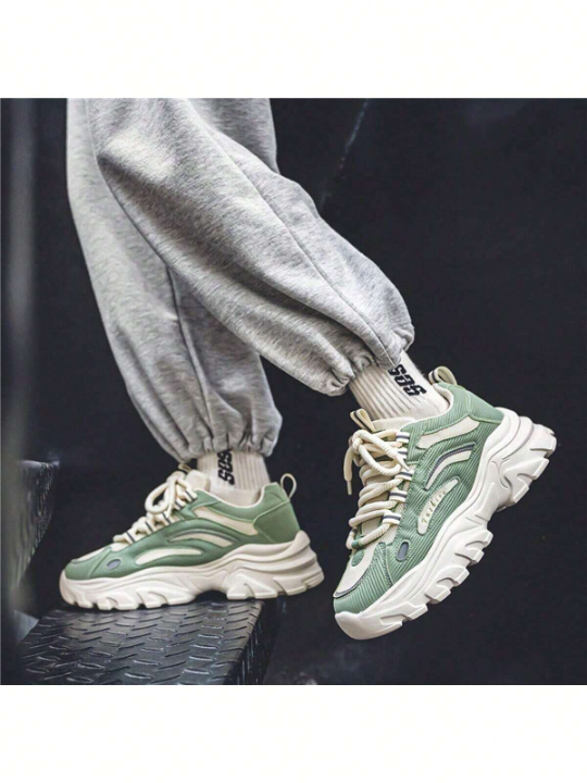 Men's Trendy Casual Sports Chunky Shoes, Fashionable Breathable Lightweight Walking Shoes With Lace, Green Colormatch