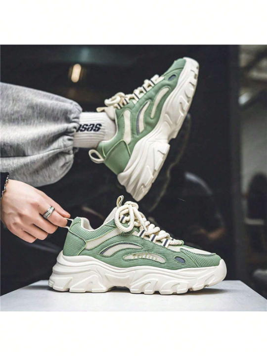 Men's Trendy Casual Sports Chunky Shoes, Fashionable Breathable Lightweight Walking Shoes With Lace, Green Colormatch