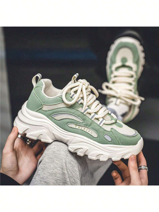 Men's Trendy Casual Sports Chunky Shoes, Fashionable Breathable Lightweight Walking Shoes With Lace, Green Colormatch