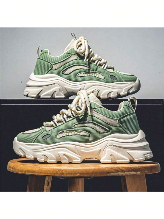 Men's Trendy Casual Sports Chunky Shoes, Fashionable Breathable Lightweight Walking Shoes With Lace, Green Colormatch