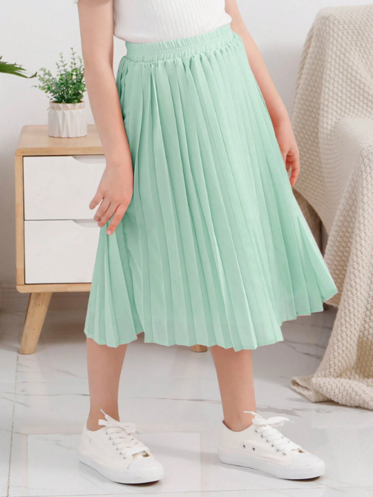 Tween Girl Chiffon Pleated Elastic Waist A-Line Bohemian Swing Long Skirt, Suitable For Casual Outdoors, Shopping, Walking, Back-To-School, Dinner, Party