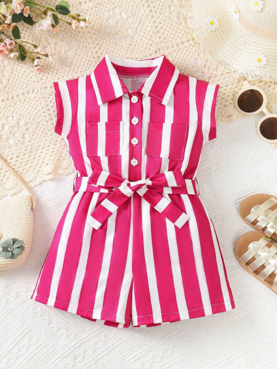 Baby Girl Striped Pocket Short Sleeve Shirt Romper