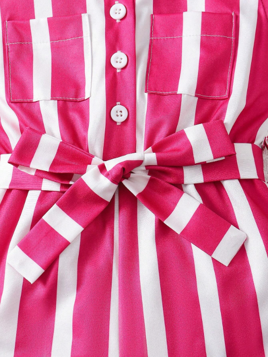 Baby Girl Striped Pocket Short Sleeve Shirt Romper