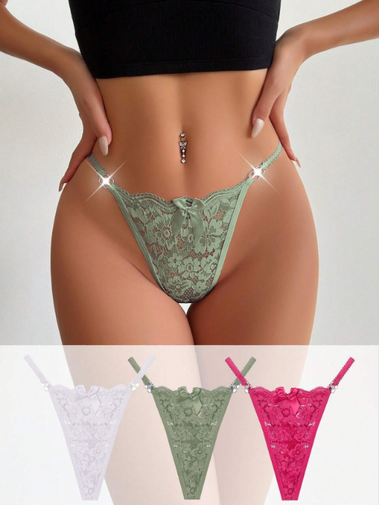 3pcs Sexy Women's Low Waist Semi-Transparent Lace Underwear