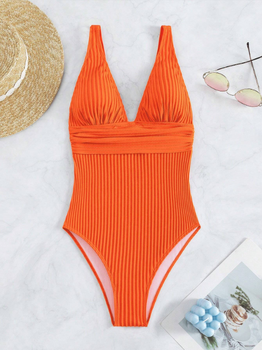 Women's V-Neck One-Piece Swimsuit For Summer, Beach, Swimming