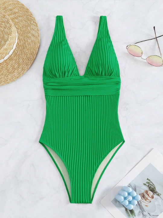 Solid Texture V-Neck Waist-Tie One-Piece Swimsuit For Summer, Beach, Swimming