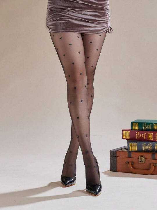 2pairs/Pack 30d Plus Size Women's Printed Heart Shape, Polka Dot And Leopard Pattern Adjustable Stockings