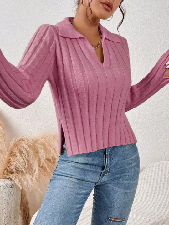 Frenchy Solid Color Turtleneck Split Knitted Sweater Pullover