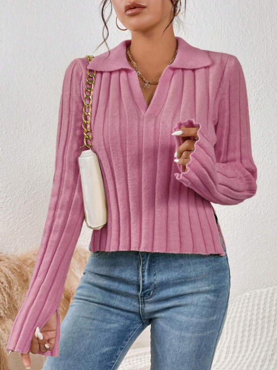 Frenchy Solid Color Turtleneck Split Knitted Sweater Pullover