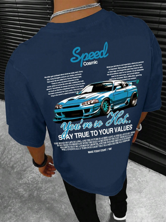 Men's Casual Commuting Round Neck T-Shirt With Car Slogan Print