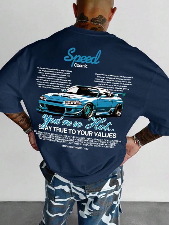 Men's Casual Commuting Round Neck T-Shirt With Car Slogan Print