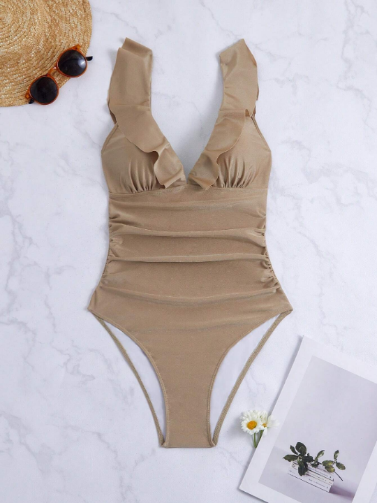 Women's Solid Color Ruched Splice Ruffle Edge One-Piece Swimsuit For Summer, Beach, Swimming, Vocation