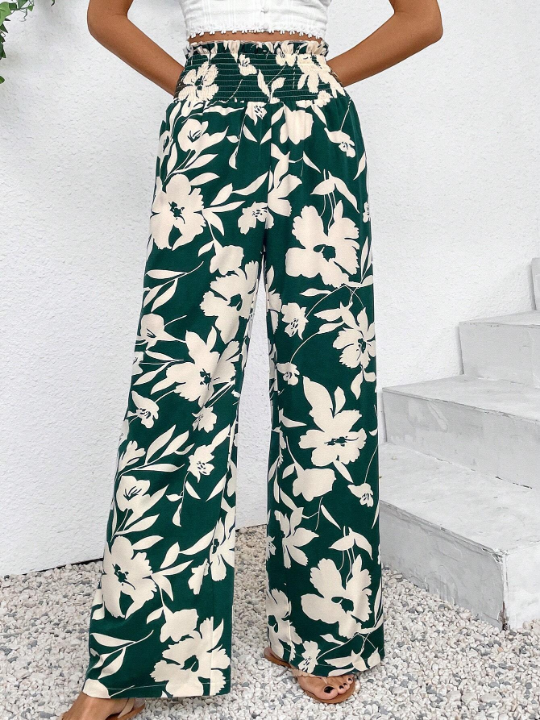 VCAY Flower Printed High-Waisted Paper Bag Pants