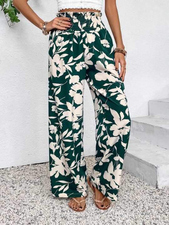 VCAY Flower Printed High-Waisted Paper Bag Pants