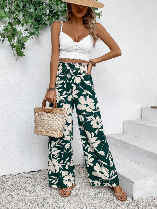 VCAY Flower Printed High-Waisted Paper Bag Pants