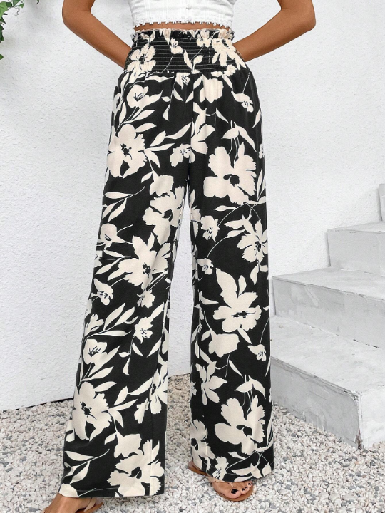 VCAY Women's High Waisted Flower Printed Wide Leg Vacation Pants