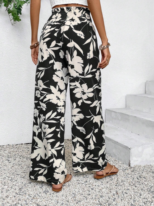 VCAY Women's High Waisted Flower Printed Wide Leg Vacation Pants