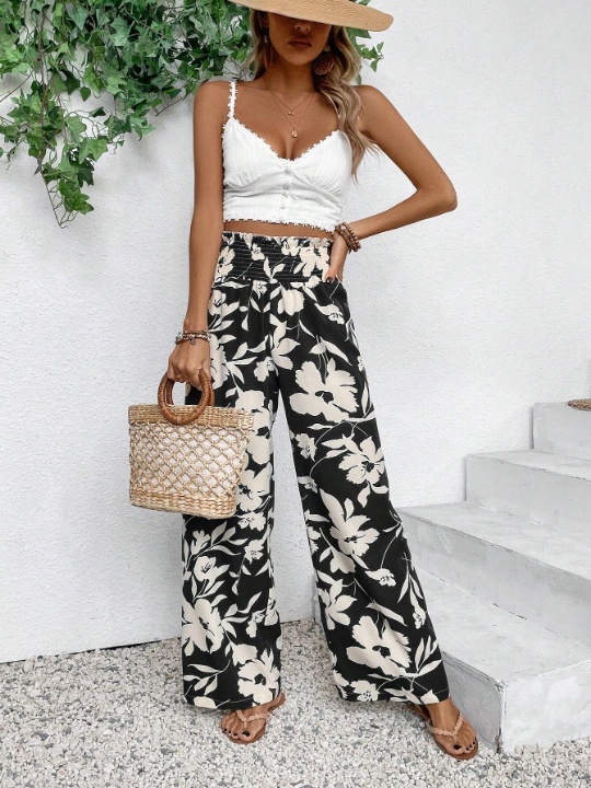 VCAY Women's High Waisted Flower Printed Wide Leg Vacation Pants