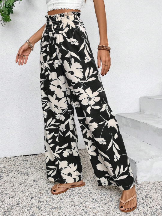 VCAY Women's High Waisted Flower Printed Wide Leg Vacation Pants