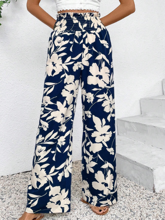 VCAY Floral Print Shirred High Waist Wide Leg Pants