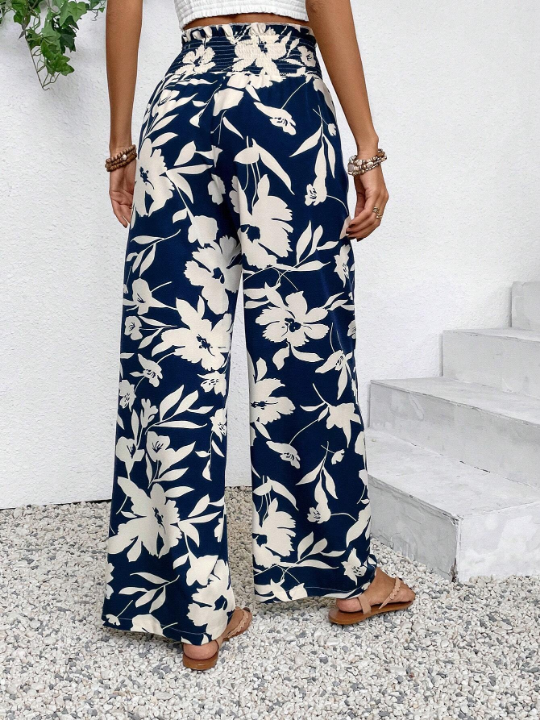 VCAY Floral Print Shirred High Waist Wide Leg Pants